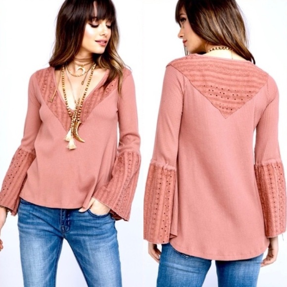 Free People Parisian Nights Thermal Henley Top in Sayluita / Desert Rose Sz. S - Picture 6 of 14